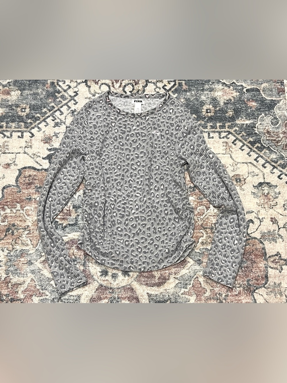 PINK Victoria's Secret Gray Leopard Cable Knit Long Sleeve Top
